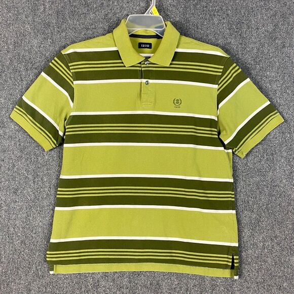 Izod Polo Shirt Men's Medium 100% Cotton Adults‎ Green Striped M - Picture 1 of 7